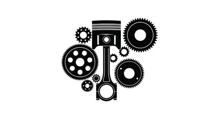 A striking black silhouette depicts engine components including gears and a piston conveying mechanical power silhouette high quality professional detailed modern © GDSneha02