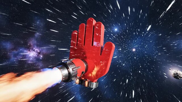 Red robotic hand with jet engine propulsion system accelerating through a vibrant cosmic nebula and starfield at warp speed futuristic space travel concept.