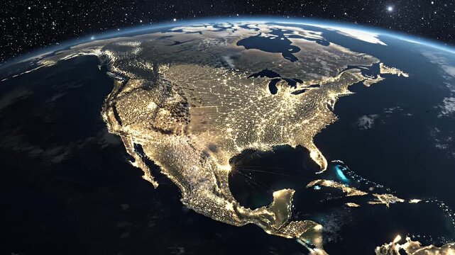 North America at Night from Space - A stunning aerial view from space showcases North America illuminated at night.