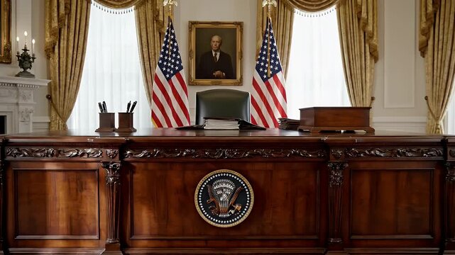 The Resolute Desk in the Oval Office - This video showcases the Resolute Desk in the Oval Office, flanked by American flags and framed by golden drapes.