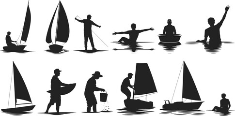 Boating and water activity silhouettes, sailing, fishing, swimming, rowing, carrying boat, pouring water, aquatic recreation illustration, leisure concept artwork © Hello World
