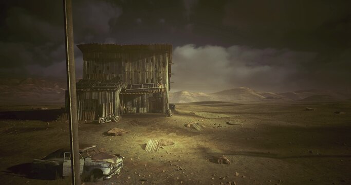 Isolation watchpoint view, Isolated observation post beside empty street beneath dark clouds symbolizes solitude and preparedness for harsh times