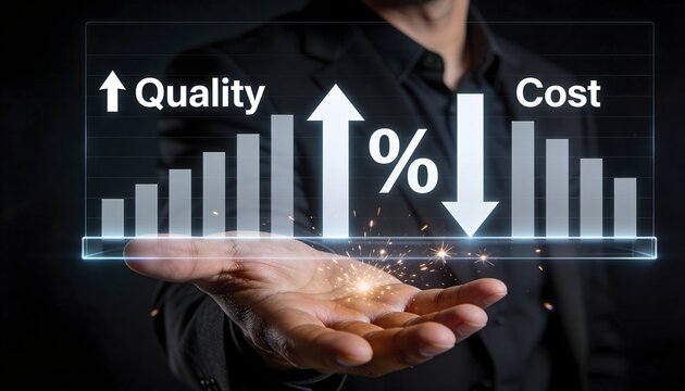 Businessman's hand presents a futuristic digital display showing increased quality and reduced cost metrics with bar graphs.