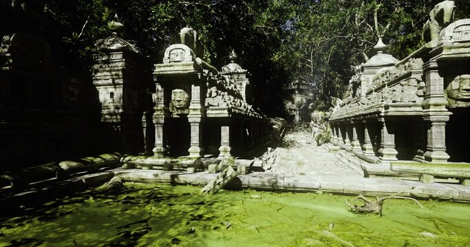 Ruined colonnade framing distant sunlit shrine with layered perspective, mossy foreground and bright focal point, carved lintels and fallen stones leading eye