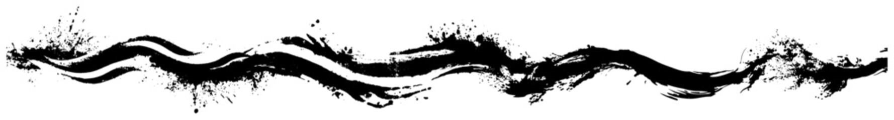 Obraz premium Long horizontal wavy black ink trail with brush strokes and grunge splatters