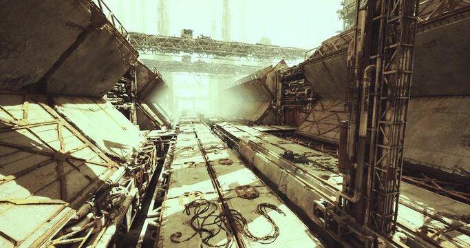 Sun bleached vertical shaft with rails, salvage drone surveying elevator chasm, cables and pulleys, strong vertical perspective, high contrast light and texture