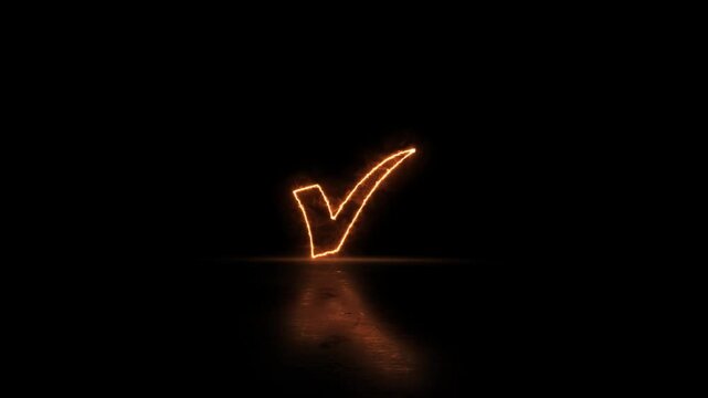 Neon check mark icon video animation on reflection black background. Approval and success symbol video animation. Tick mark select right correct confirm complete icon. Neon right sign animation