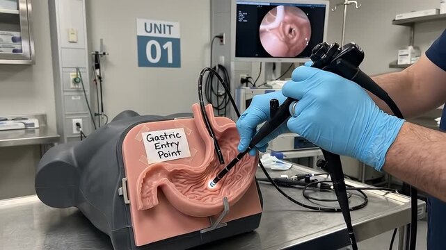Gastric entry point endoscopy training model for medical clinician gloved hand endoscope gastroscopy stomach simulator, training and clinical skills practice with monitor view and procedure simulation