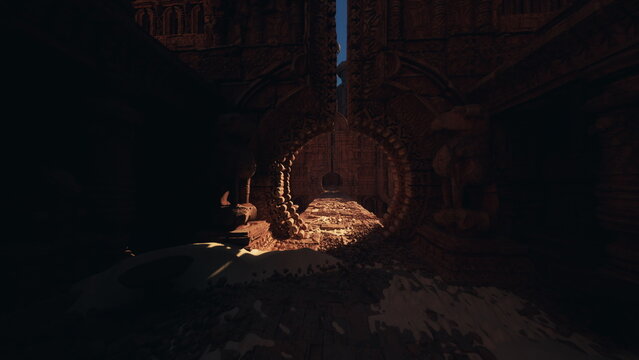 Glowing portal opens to sunlit rampart, circular stone ring frames wide fortress skyline, narrow walkway leading to high parapet, carved elephant statues