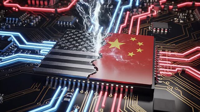 US China Tech Trade Tension - A split microchip showcases the American and Chinese flags, symbolizing trade tensions. Neon lighting emphasizes the divide on a circuit board backdrop.