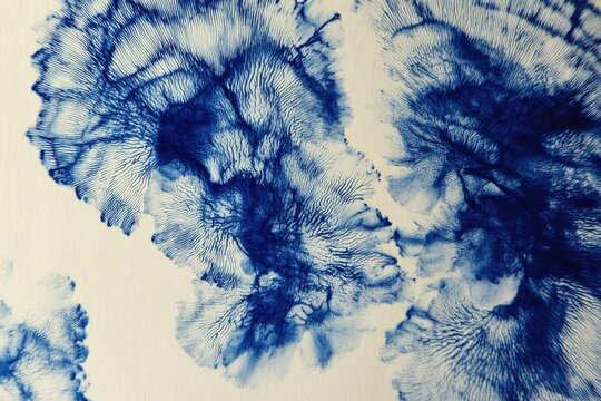 Royal blue ink explosion on paper, dendrite-like patterns formed by the liquid flow, sharp focus on texture