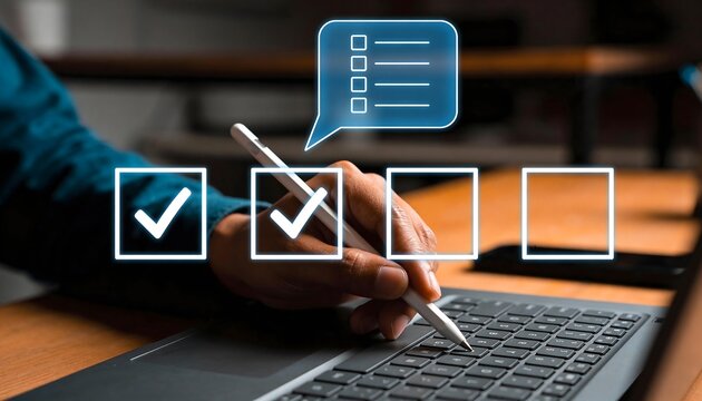 Person's hand using a stylus to check virtual boxes on a laptop screen, symbolizing task completion, surveys, or digital assessment processes.