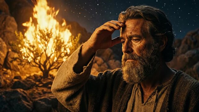 Man gazes at the burning bush as he approaches the holy site and then reflects with reverence beneath a starry night.