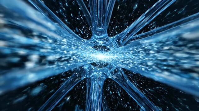 Abstract Glowing Blue Tubes on Black Background - An abstract shot features translucent blue tubes merging in the center with embedded glowing particles.