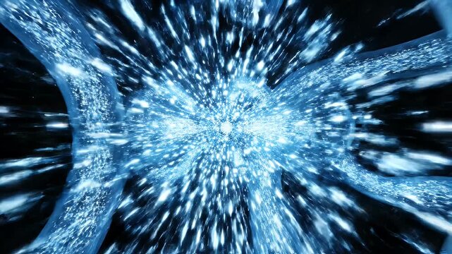 Glowing Blue Tubes - A view looking through translucent blue tubes with glowing particles embedded inside, against a black background. The tubes appear to curve and circle, leading to a central point.