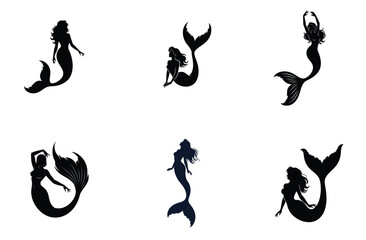 Obraz premium Mermaid Silhouettes in Various Poses Vector Illustration