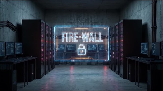 Firewall glowing hologram above server racks in dim data center aisle with neon sign and locked padlock icon for network security protection cybersecurity monitoring and rack data center defense