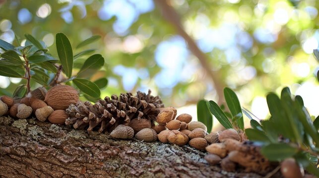 acorns. A natural tree cavity overflowing with acorns, walnuts, and pine cones, gathered as if by an animal. wildlife magazines, conservation campaigns, designed for wildlife conservation campaigns.
