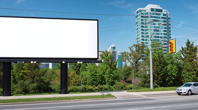Panning slow motion shot of blank billboard alongside busy urban highway with cars passing under clear blue sky