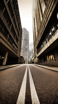 usurper. Photorealistic view down a deep, narrow street between modern skyscrapers, dramatic perspective. real-estate listings.
