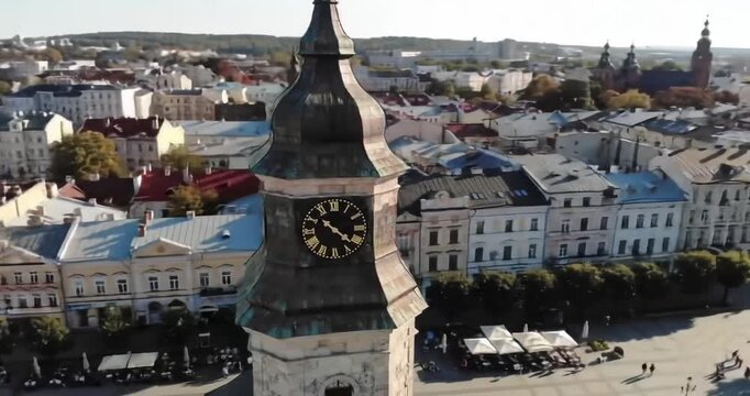 Aerial view of city clock tower.