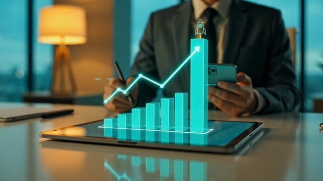 Business analytics digital rocket taking off from a bar graph displayed on a tablet screen financial growth, investment success, or rapid business expansion.
