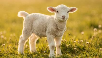 Fototapeta premium Adorable springtime lamb in meadow at sunrise