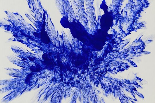 Royal blue ink explosion on paper, dendrite-like patterns formed by the liquid flow, sharp focus on texture