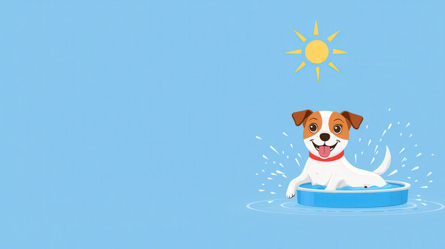 Flat design dog splash pool sunny day cartoon illustration playful, pet cooling off in small wading pool under bright sun, blue background