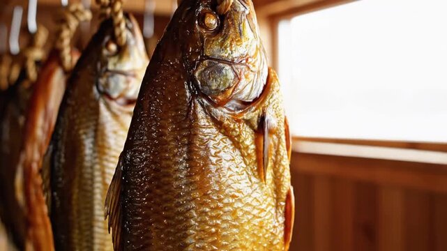 Traditional smoked fish hanging from ropes in a rustic shed