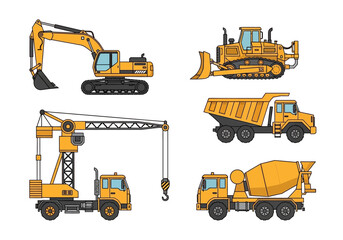 Construction Vehicles Excavator Crane Bulldozer Mixer. © diyah