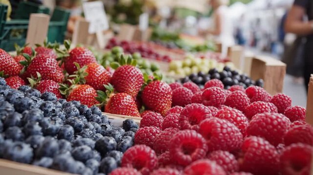 Close-up image of a vibrant display of fresh berries, including strawberries, blueberries, and raspberries