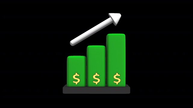 Dollar financial growth bar chart animation icon. 6 second smooth motion with transparent background, perfect for business analytics, stock market reports, investment apps, and revenue growth visuals.