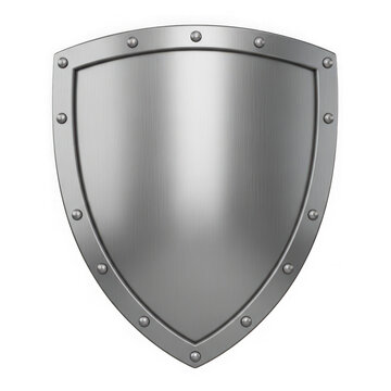 Silver shield icon with metallic finish and rivets isolated on transparent background