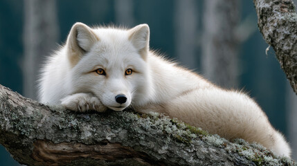 Enchanting fox resting on ancient tree branch in mystical forest scene
