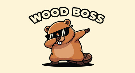 Cartoon Beaver Character with Sunglasses Gesturing. © black