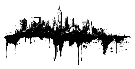 Obraz premium Grunge city skyline silhouette with messy ink drips and splatters in artistic urban style