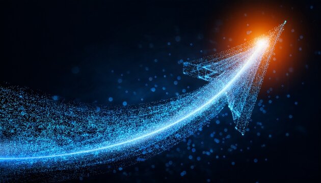 glowing arrow of blue particles with bright orange tip pointing upward on a dark background conveying futuristic motion and hopeful ascent