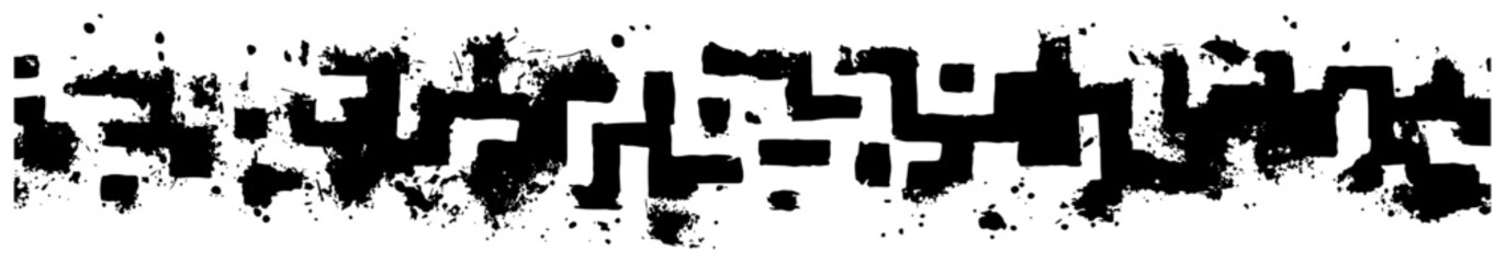 Abstract horizontal grunge border with geometric blocky pattern and ink splatters © Wuszu