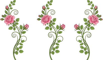 Elegant Vertical Floral Border Set Featuring Pink Roses With Green Leaves And Decorative Swirl Vines For Romantic Wedding Invitation Greeting Cards And Spring Decor © MdGohurul