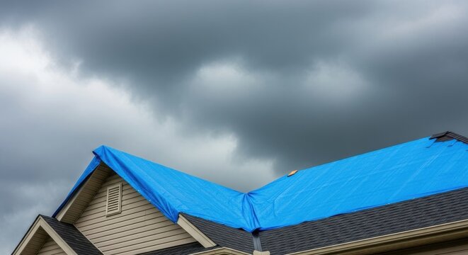 Damaged House Roof Covered with Blue Protective Tarp after Hurricane. Emergency Repair Concept against Dark Stormy Sky.