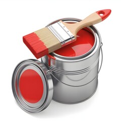Open Metal Paint Can with Red Liquid Paint and Wooden Brush Isolated on White Background for Home Decoration