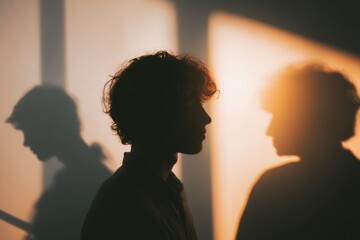 Silhouettes of two people with a third shadow on a wall during sunset.