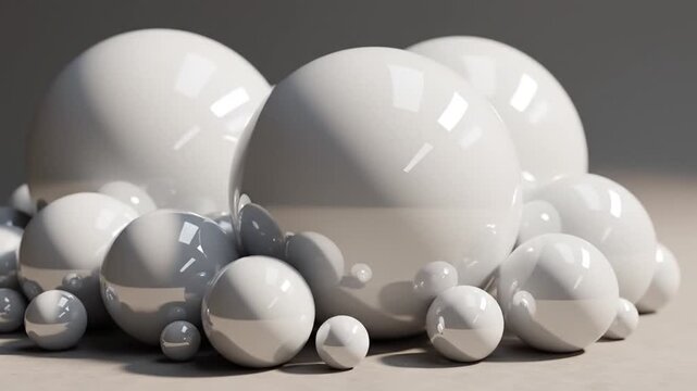 Abstract composition of glossy white and gray spheres and hemispheres
