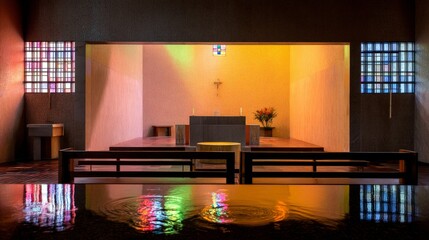 vestments. A quiet chapel in early morning, sunbeams from a stained-glass window illuminating vestments on an altar. event programs.
