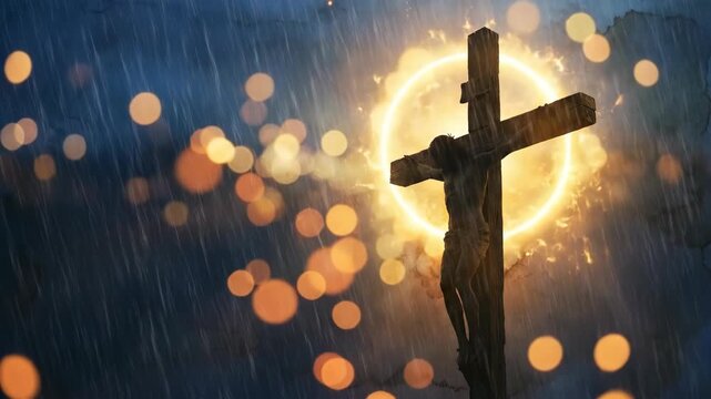 Jesus Christ crucified on a cross with a golden halo and rain falling, a spiritual concept of faith and redemption