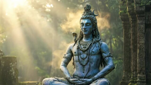 Hindu god shiva statue doing yoga mudra in meditative pose. Ancient ruins, religious culture, indian spirituality, meditation concept