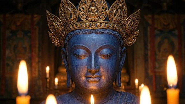 A blue buddha statue with a golden crown illuminated by candlelight, featuring a central candle on the buddha in a temple.