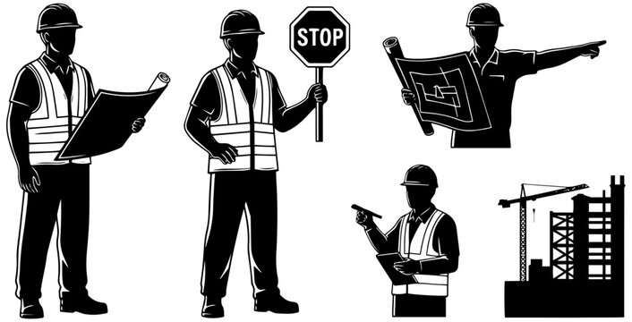 Construction workers in safety gear directing traffic and working on site