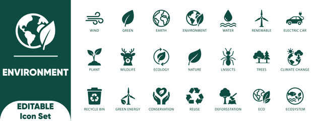 Environment Solid icon set. plant, nature, eco, earth, green energy, trees, ecology, and Solid vector.  © Rina